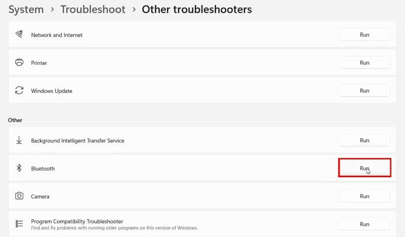 Windows 11 screen to run bluetooth troubleshooter.