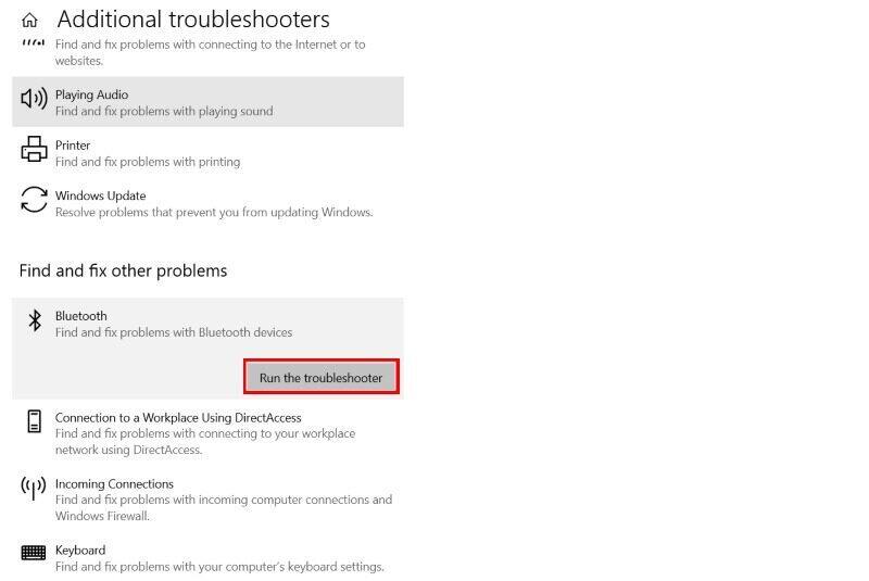 Windows 10 screen to run the bluetooth troubleshooter.