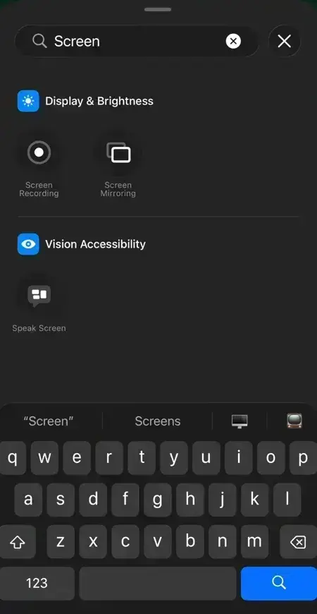 Search screen recording in menu to add recorder icon in control center.