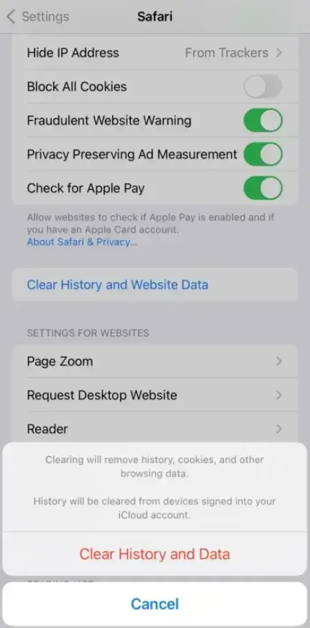 Tap this clear history and data button to remove safari cache