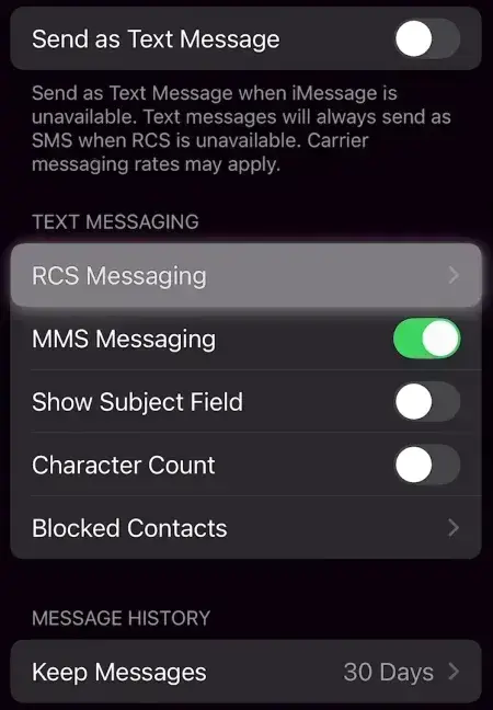 Tap this rcs messaging option in messages menu in iphone.