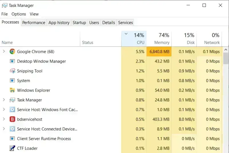 Windows Task Manager sorted by CPU usage to find an app making a laptop fan run loudly.