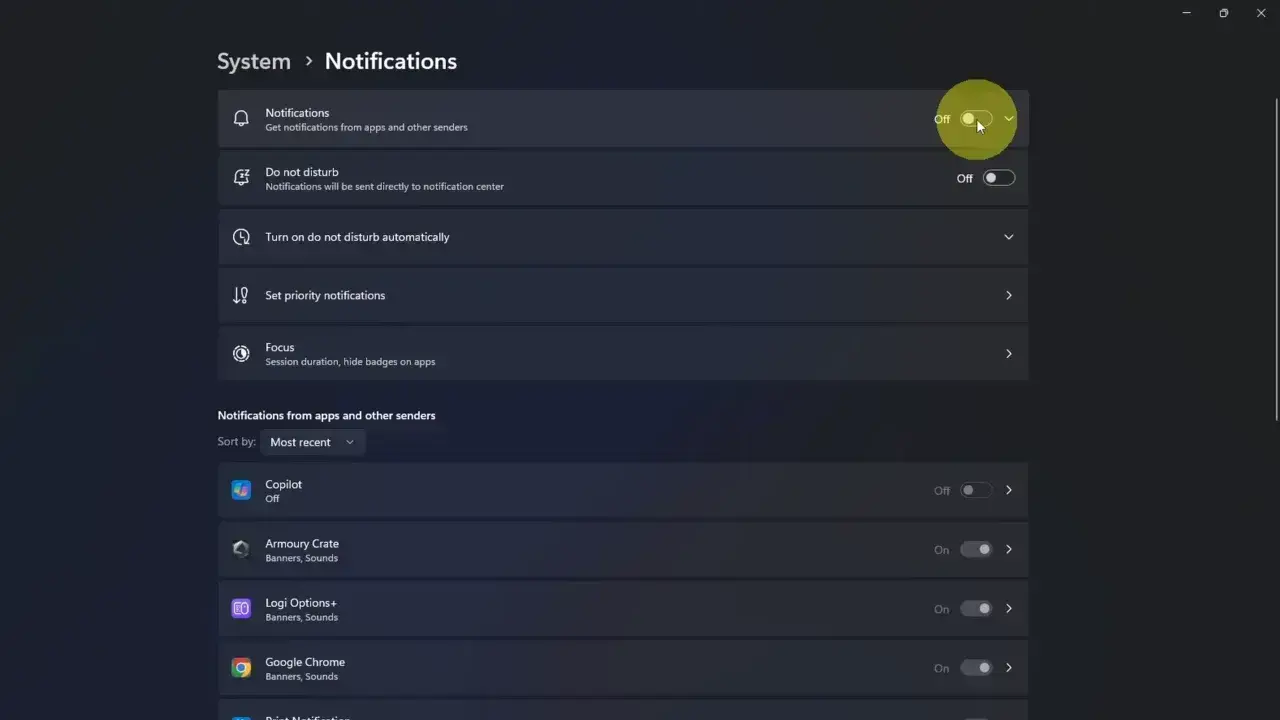The master notifications toggle switched to Off inside the Windows 11 System Notifications settings menu.