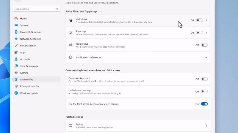 Turn off sticky keys on Windows 11