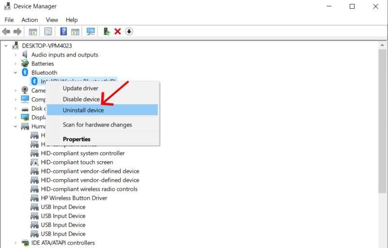 Windows screen to uninstall bluetooth driver.