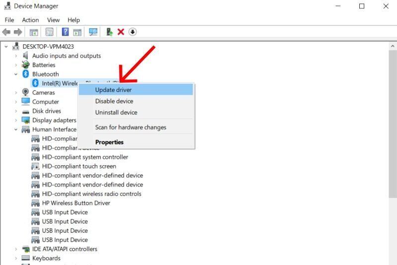 Windows device manager screen to update bluetooth driver.