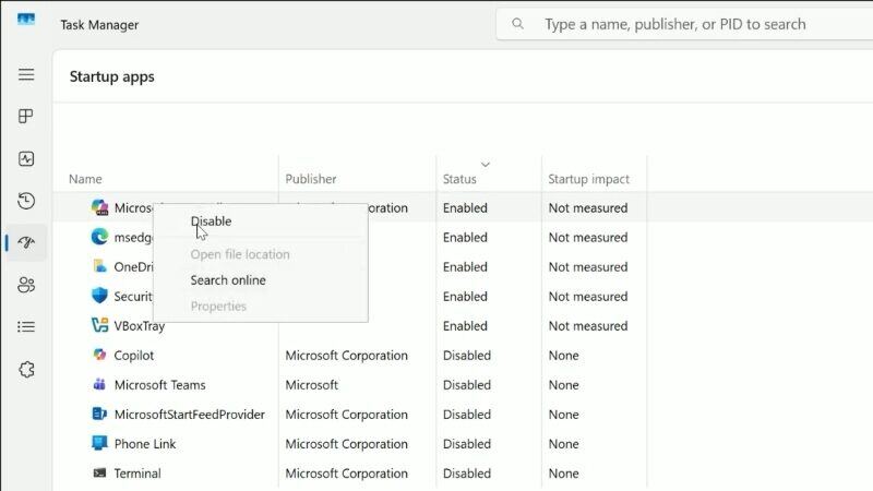 Option shown to Disable Startup App in Windows 11