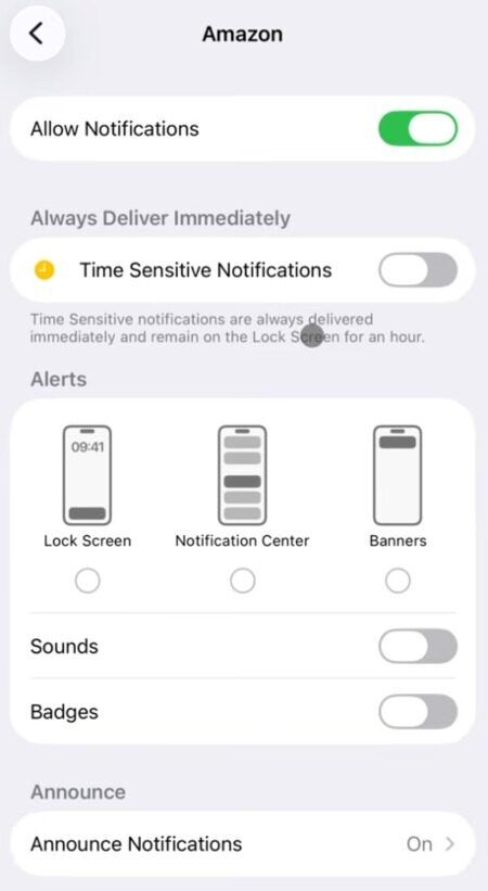 Image show Amazon app notifications management screen on iPhone.