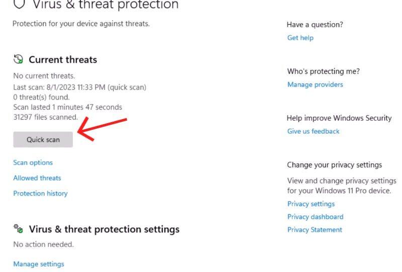 Windows 11 Windows Defender screen with Quick Scan button pointed to start antivirus scan.