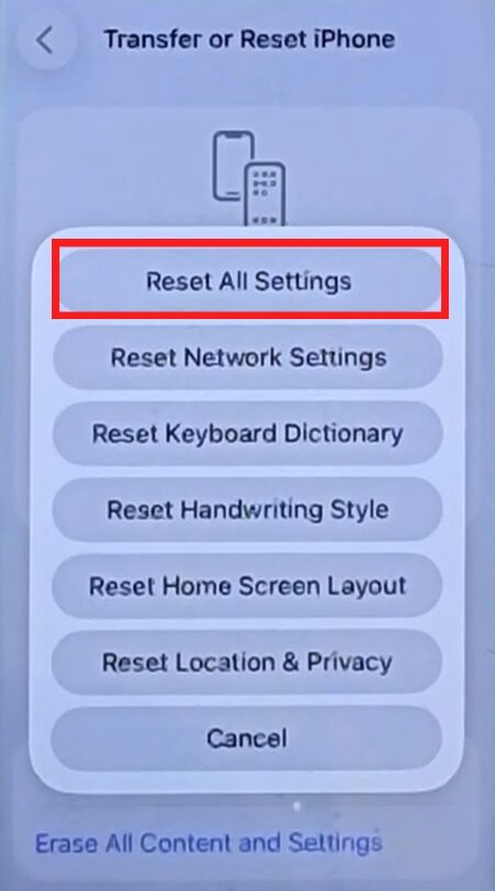 Reset All Settings button marked on iPhone.