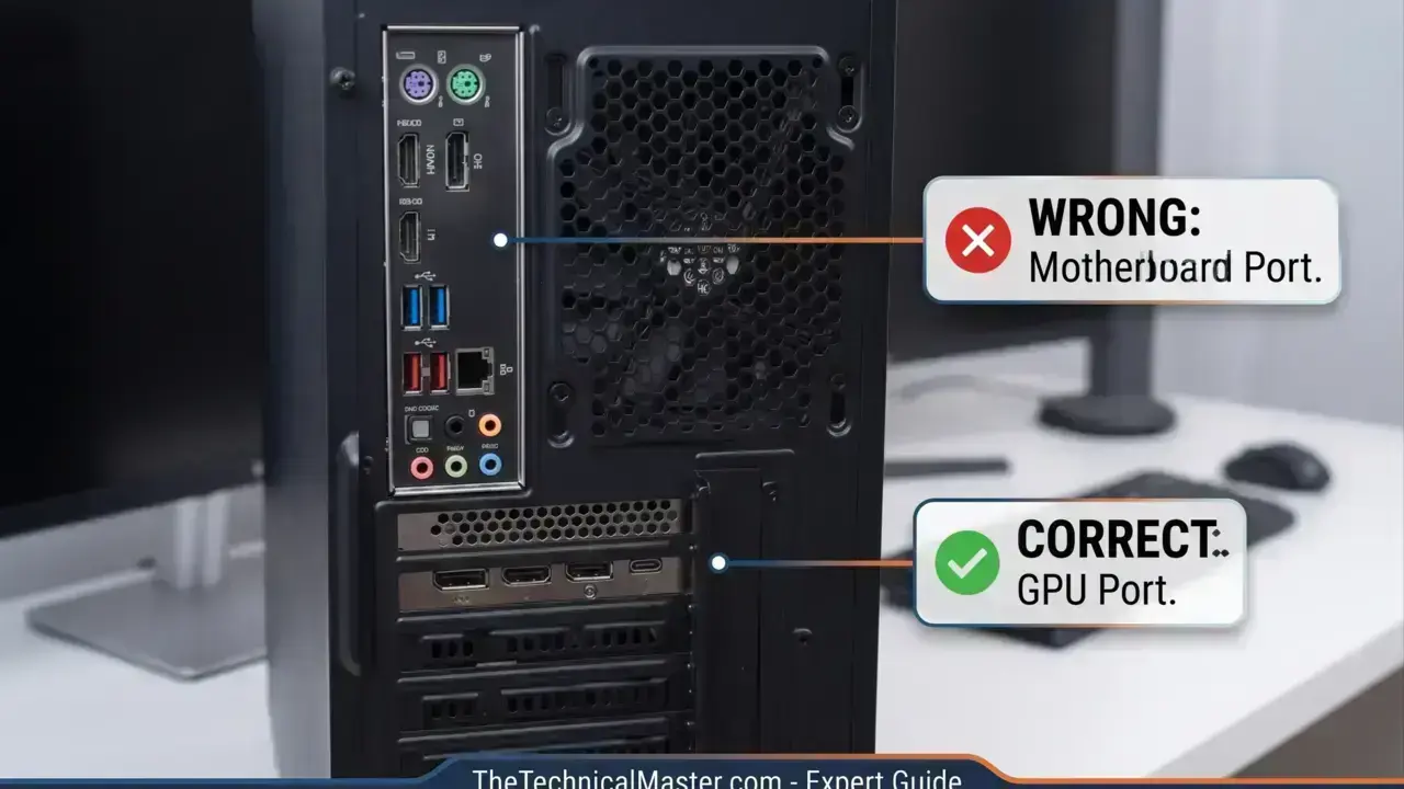 Rear panel diagram of a desktop PC highlighting incorrect motherboard display ports and correct dedicated GPU ports