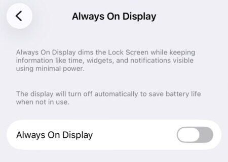 Always On Display turned off on iPhone.