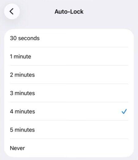 iPhone image shows Auto-Lock currently set to 4 minutes.