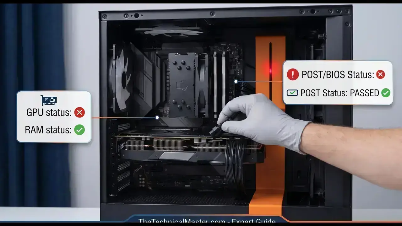 Technician inspecting internal desktop hardware including dedicated GPU and RAM to diagnose motherboard POST boot errors