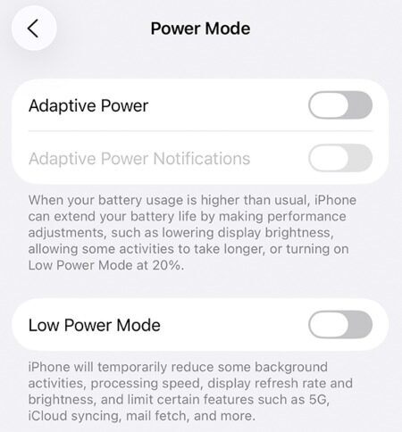 Adapter Power turned off on iPhone.
