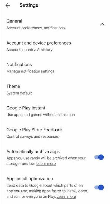 Android phone Play Store settings screen with Automatically archive apps option