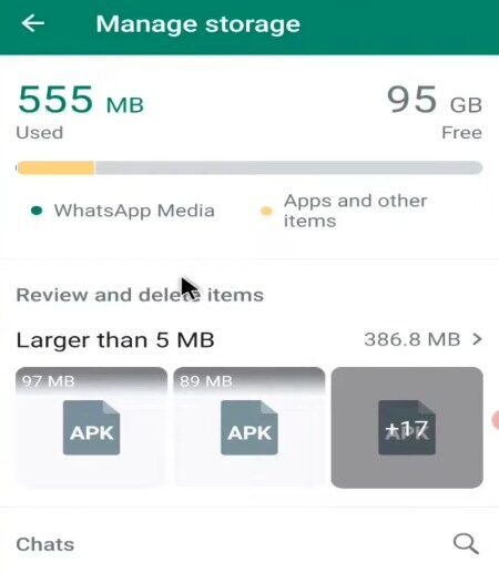 Whatsapp Manage Storage setting screen