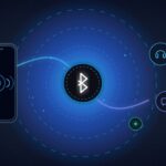 Abstract Android smartphone connecting via Bluetooth wireless radio signals to headphones.