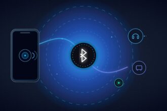 Abstract Android smartphone connecting via Bluetooth wireless radio signals to headphones.