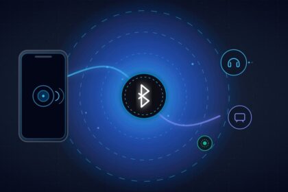 Abstract Android smartphone connecting via Bluetooth wireless radio signals to headphones.