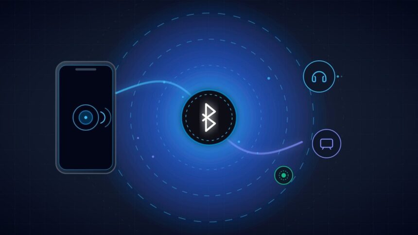 Abstract Android smartphone connecting via Bluetooth wireless radio signals to headphones.