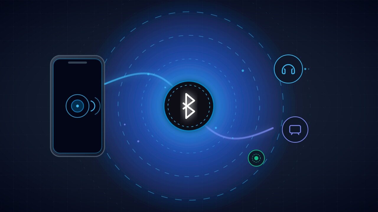 Abstract Android smartphone connecting via Bluetooth wireless radio signals to headphones.