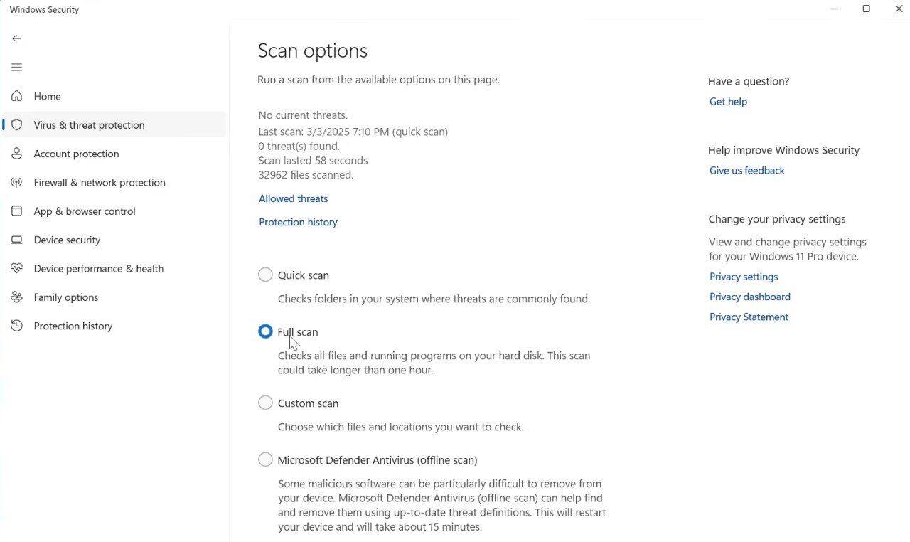 windows defender run full scan option screen