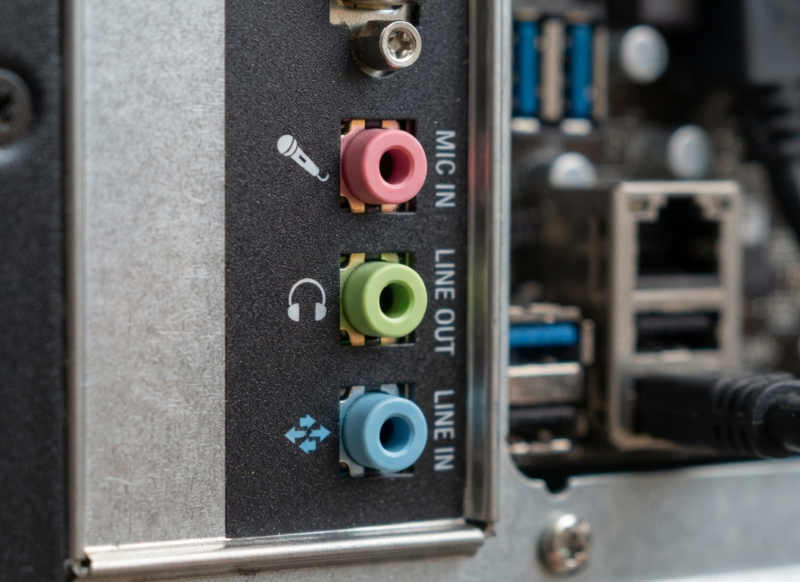 Computer back panel audio jacks with color-coded 3.5mm ports for Line In (blue), Line Out (green), and Mic In (pink).