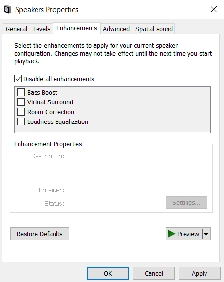 Disable audio enhancements on windows 10