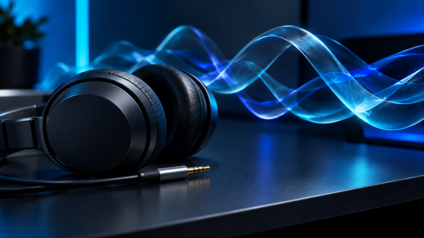 Modern studio headphones resting on a sleek desktop workspace beside an illuminated abstract sound wave, representing Windows audio diagnostics.