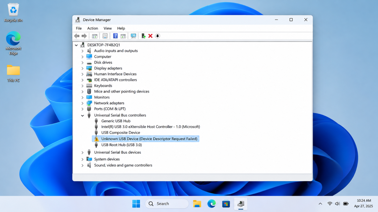 Device Manager showing Unknown USB Device with a yellow warning triangle after Windows fails to recognize a USB drive.