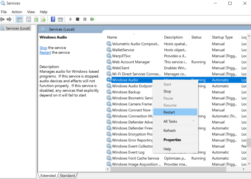 Restart windows audio service