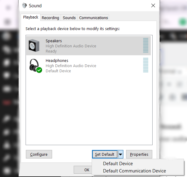 Select default audio device on windows