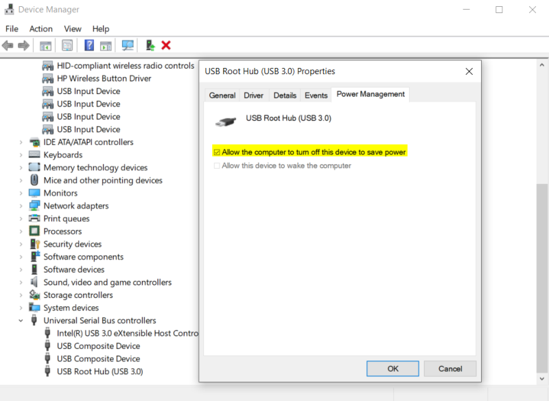 Uncheck Allow the computer to turn off this device to save power for usb driver
