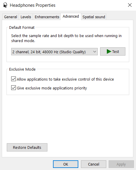Change audio format on windows 10