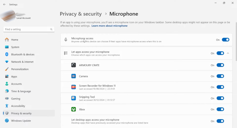 Enable microphone access in windows 11