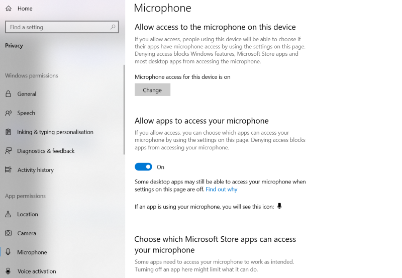 Turn on microphone access in windows 10